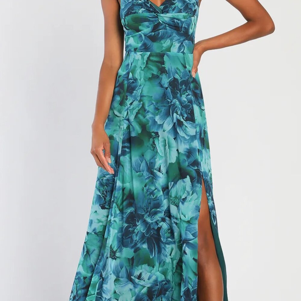 Beautiful Soul Teal Green Floral Print Twist-Front Maxi Dress